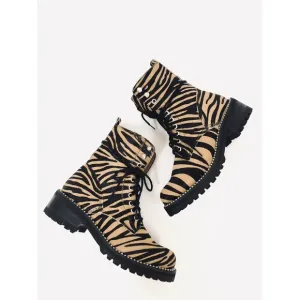 Aqua Tiger Print Jax Studded Hiker Combat Boots Lace Up Calf Hair Boho Gypsy 7