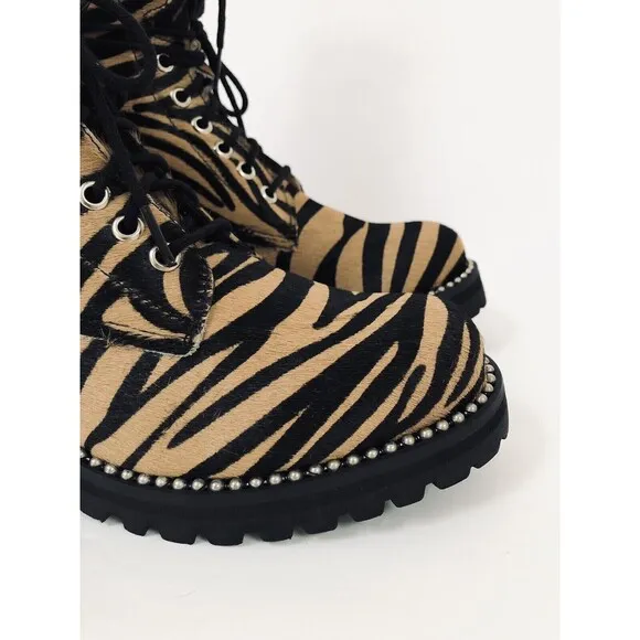 Aqua Tiger Print Jax Studded Hiker Combat Boots Lace Up Calf Hair Boho Gypsy 7