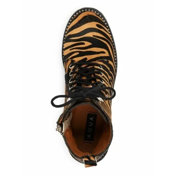 Aqua Tiger Print Jax Studded Hiker Combat Boots Lace Up Calf Hair Boho Gypsy 7