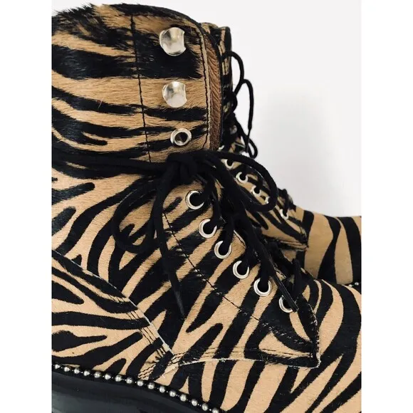 Aqua Tiger Print Jax Studded Hiker Combat Boots Lace Up Calf Hair Boho Gypsy 7