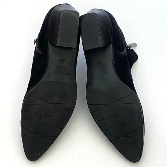 AQUATALIA FOSCA BLACK SUEDE POINTED TOE SHORT CHUNKY HEEL ANKLE BOOTS