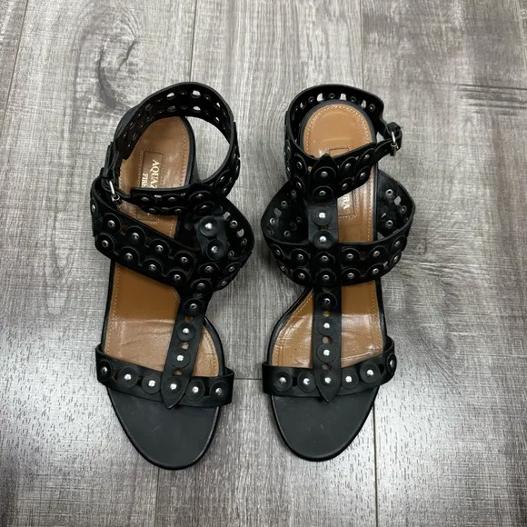 Aquazzura Black Leather Studded Gladiator Sandal Size 38 1/2 (8.5)
