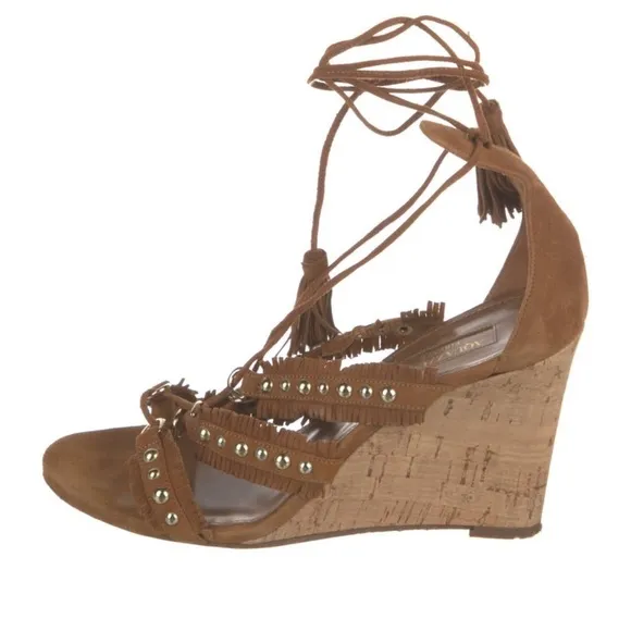 Aquazzura Tulum Studded Wedge Wrap Cognac Brown Sandals