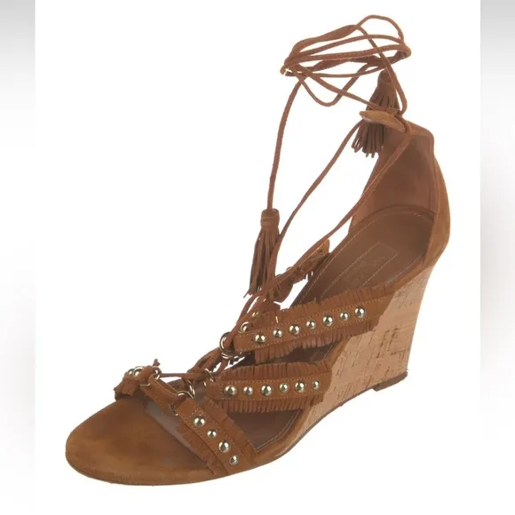 Aquazzura Tulum Studded Wedge Wrap Cognac Brown Sandals