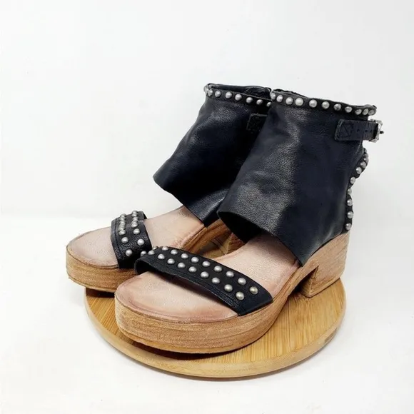 AS98 Black Studded Leather Patsy Platform Sandals Ankle Cuff Bootie Euro 40