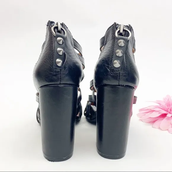 Ash Excelsior Leather Strappy Studded Block Heeled Cage Sandals: Black
