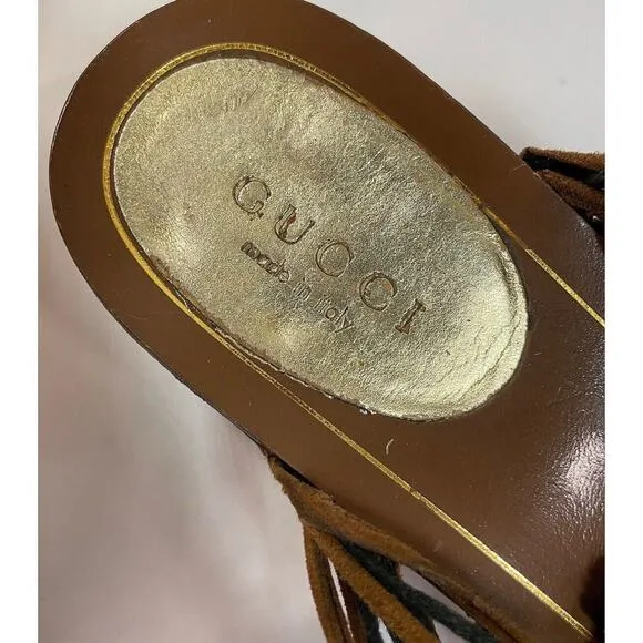 Authentic Gucci Gold Leather and Suede Thong Gladiator Block Heel Sandals EU 37
