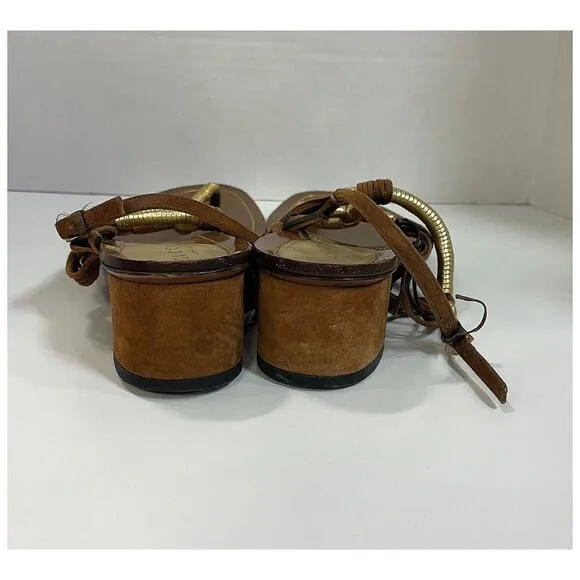 Authentic Gucci Gold Leather and Suede Thong Gladiator Block Heel Sandals EU 37
