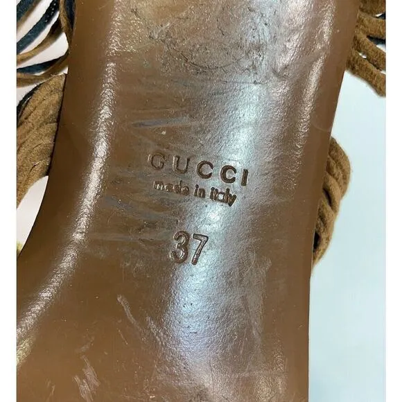 Authentic Gucci Gold Leather and Suede Thong Gladiator Block Heel Sandals EU 37