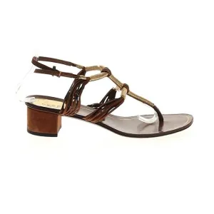 Authentic Gucci Gold Leather and Suede Thong Gladiator Block Heel Sandals EU 37