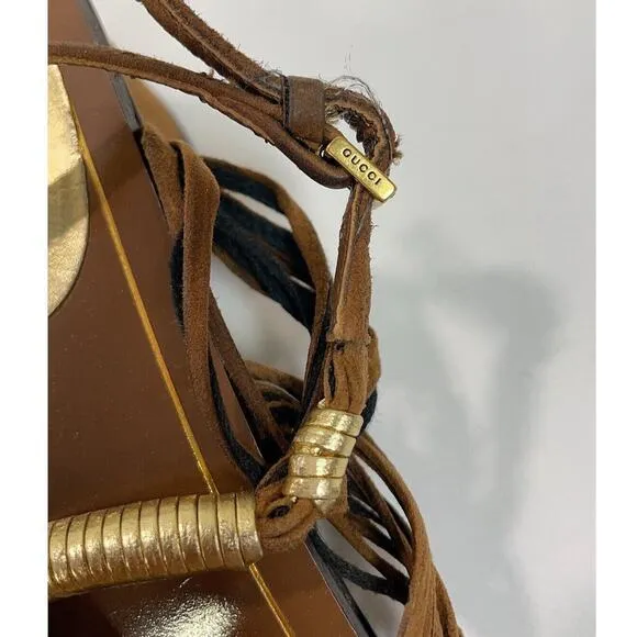 Authentic Gucci Gold Leather and Suede Thong Gladiator Block Heel Sandals EU 37