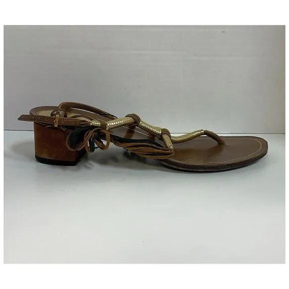 Authentic Gucci Gold Leather and Suede Thong Gladiator Block Heel Sandals EU 37