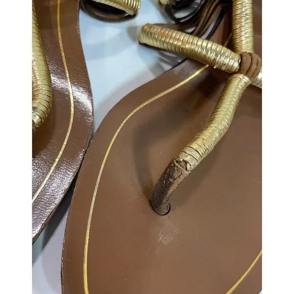 Authentic Gucci Gold Leather and Suede Thong Gladiator Block Heel Sandals EU 37