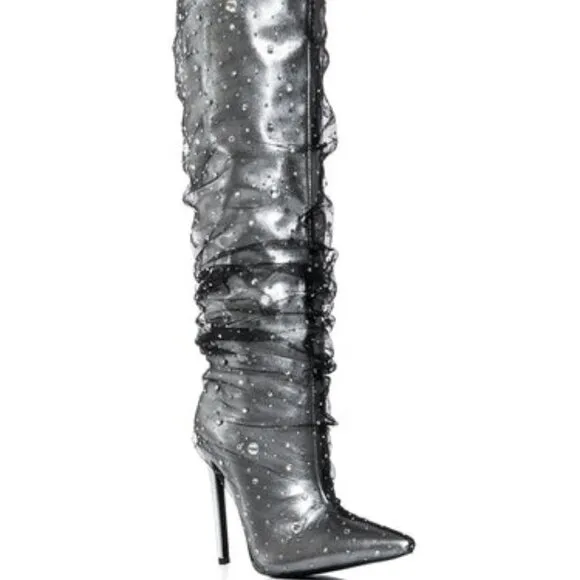 AZALEA WANG &quot; SHEERED TRANSPARANCY &quot; SILVER EMBELLISHED BOOT( BRAND NEW !!!!!