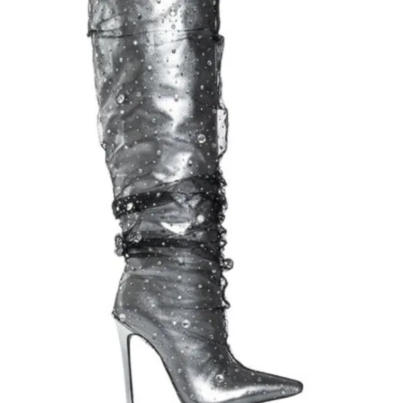 AZALEA WANG &quot; SHEERED TRANSPARANCY &quot; SILVER EMBELLISHED BOOT( BRAND NEW !!!!!