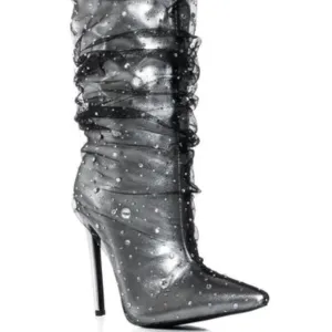 AZALEA WANG &quot; SHEERED TRANSPARANCY &quot; SILVER EMBELLISHED BOOT( BRAND NEW !!!!!
