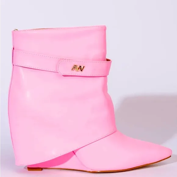 Azalea Wang Barbie Pink Leather Wedge Platform Ankle Boots
