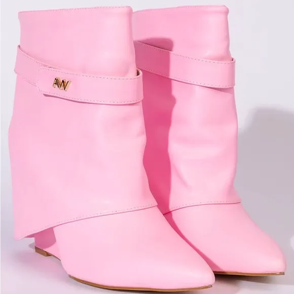 Azalea Wang Barbie Pink Leather Wedge Platform Ankle Boots