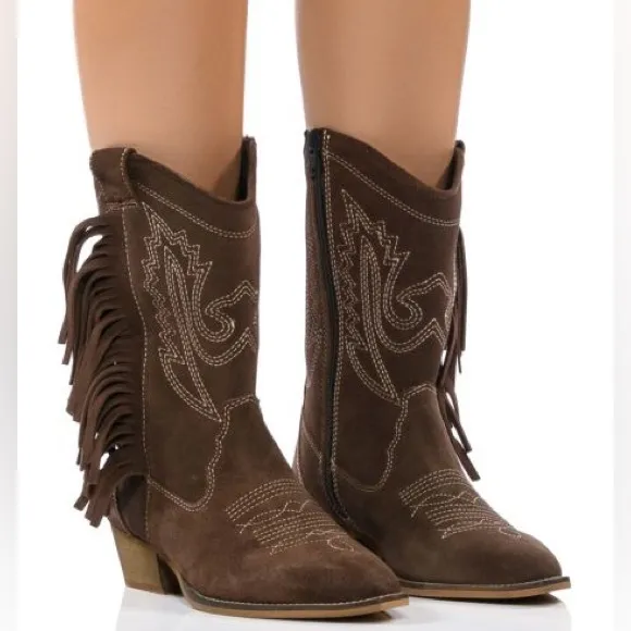 Azalea Wang Brown Genuine Leather Fringe Cowboy Western Boots