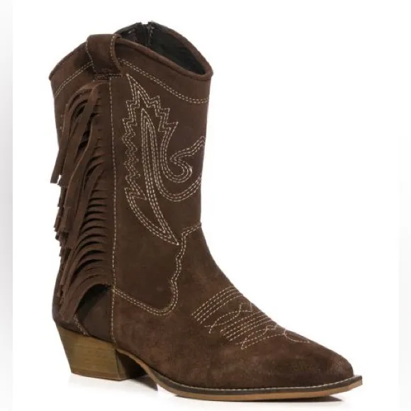Azalea Wang Brown Genuine Leather Fringe Cowboy Western Boots
