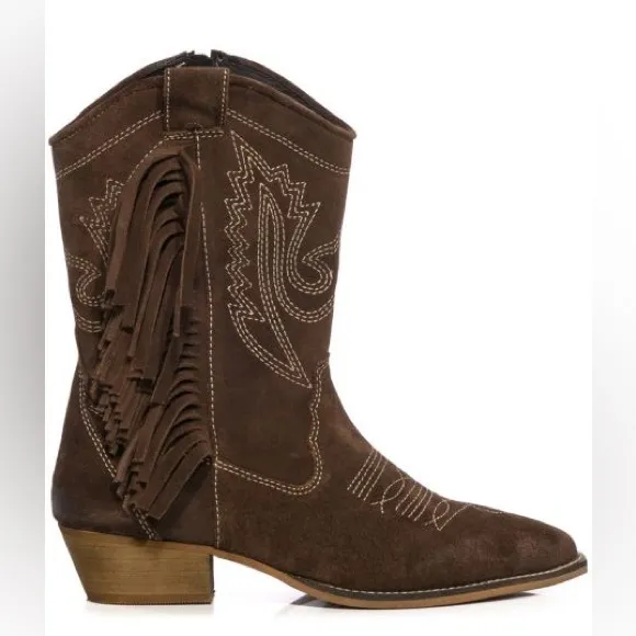 Azalea Wang Brown Genuine Leather Fringe Cowboy Western Boots