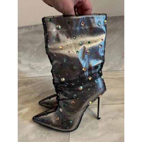 Azalea Wang Liora Rhinestone Stiletto Pointed Toe Booties Jeweled Boots 7.5 NIB