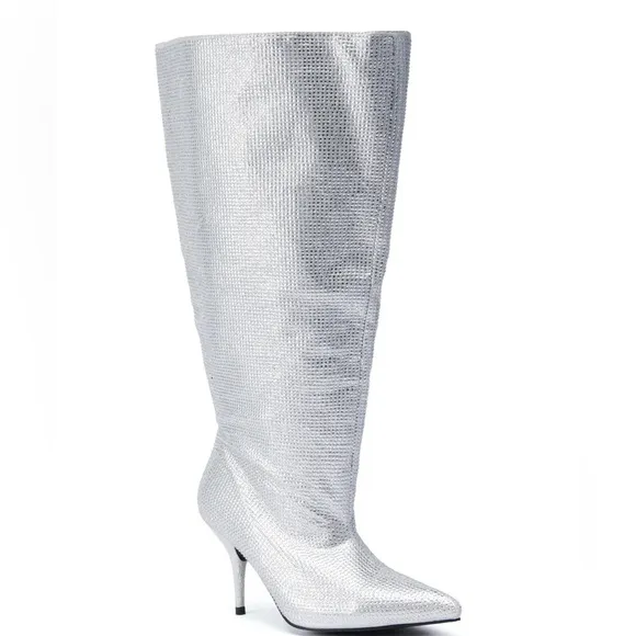 AZALEA WANG Silver Rhinestone Knee High Boots