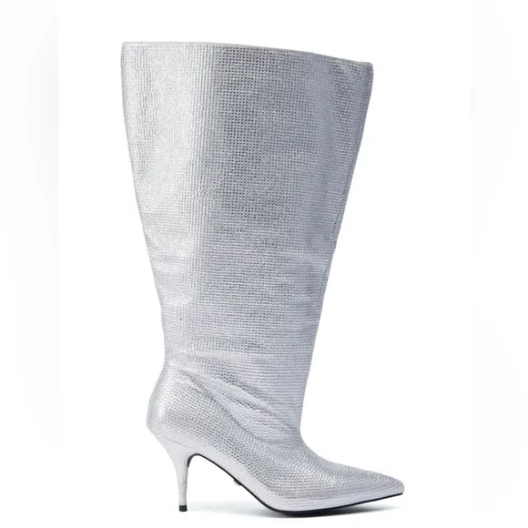 AZALEA WANG Silver Rhinestone Knee High Boots