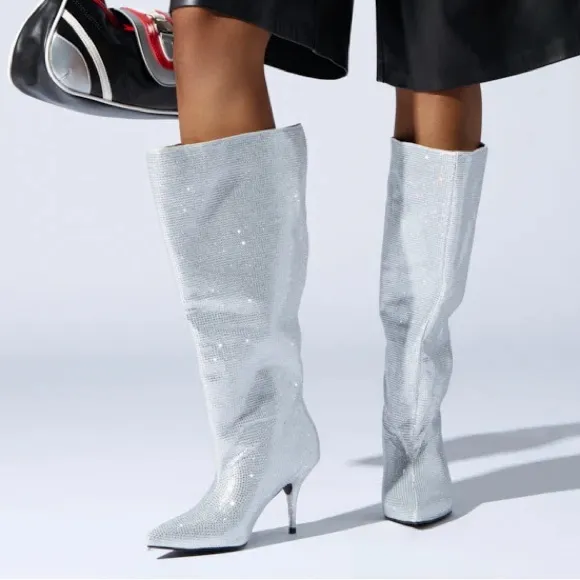 AZALEA WANG Silver Rhinestone Knee High Boots