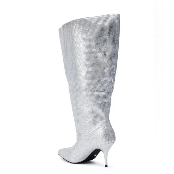 AZALEA WANG Silver Rhinestone Knee High Boots