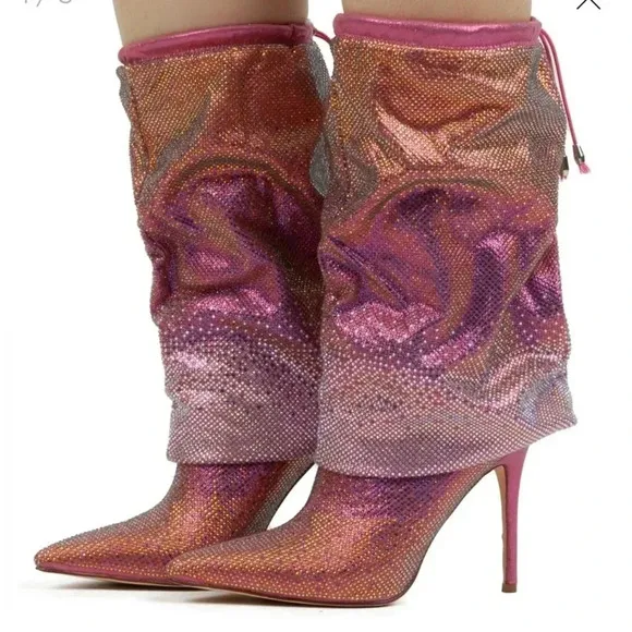 Azelea Wang  Pink Wishful Crystal Embellished Pointed Toe Boot