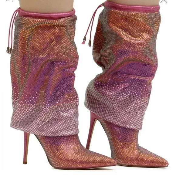 Azelea Wang  Pink Wishful Crystal Embellished Pointed Toe Boot