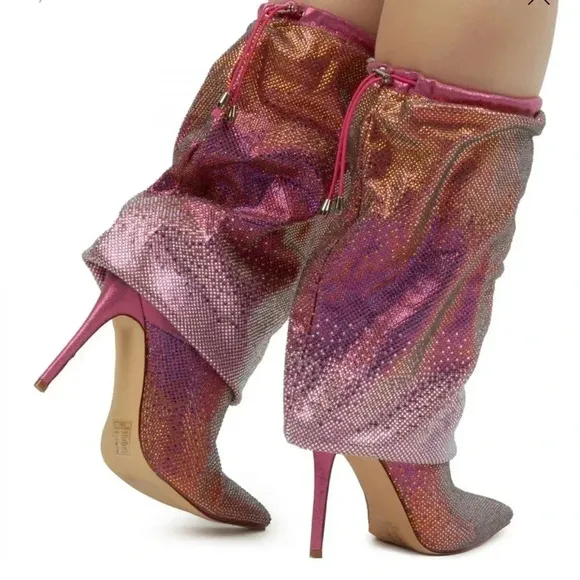 Azelea Wang  Pink Wishful Crystal Embellished Pointed Toe Boot