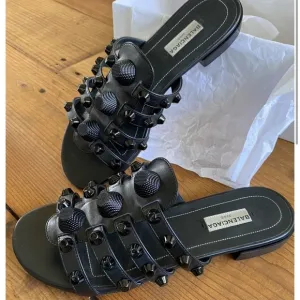 Balenciaga large studded black leather slides sandals size 36.5