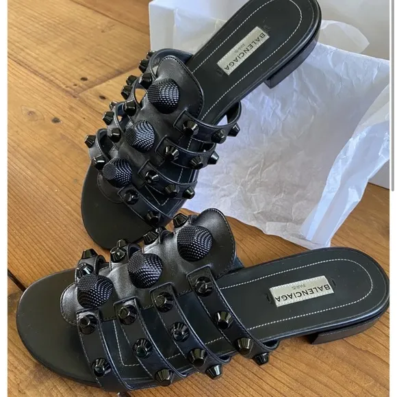 Balenciaga large studded black leather slides sandals size 36.5