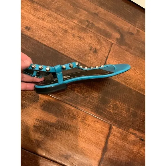 Balenciaga Teal Blue Leather Studded Thong Sandals, Size 6.5 (US) 36.5 (EU)