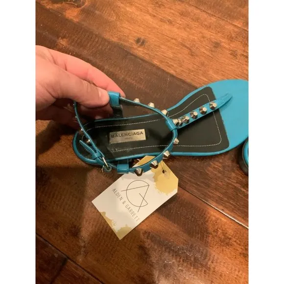 Balenciaga Teal Blue Leather Studded Thong Sandals, Size 6.5 (US) 36.5 (EU)