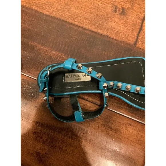 Balenciaga Teal Blue Leather Studded Thong Sandals, Size 6.5 (US) 36.5 (EU)