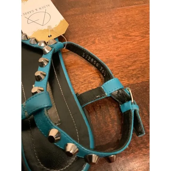 Balenciaga Teal Blue Leather Studded Thong Sandals, Size 6.5 (US) 36.5 (EU)