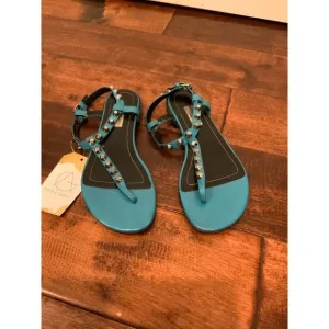 Balenciaga Teal Blue Leather Studded Thong Sandals, Size 6.5 (US) 36.5 (EU)