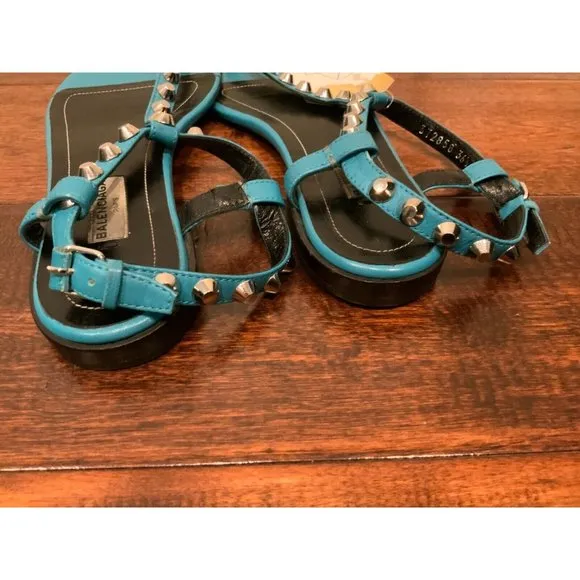 Balenciaga Teal Blue Leather Studded Thong Sandals, Size 6.5 (US) 36.5 (EU)