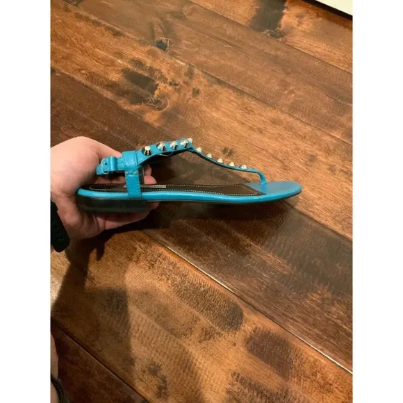 Balenciaga Teal Blue Leather Studded Thong Sandals, Size 6.5 (US) 36.5 (EU)