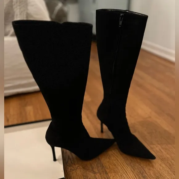 Barney’s Black Suede Knee length stiletto pointed toe black boots