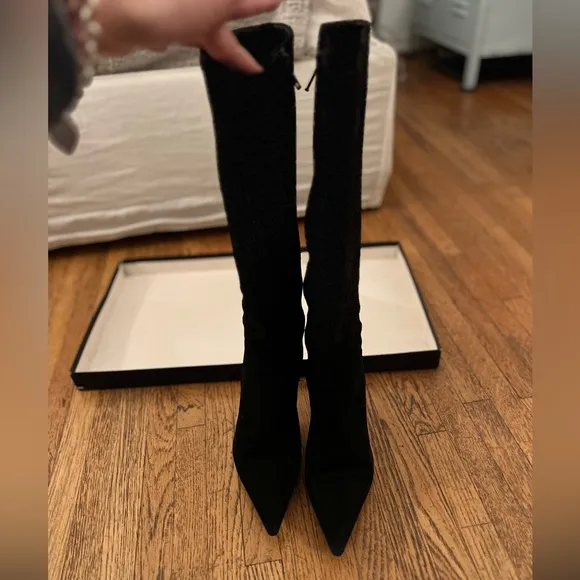 Barney’s Black Suede Knee length stiletto pointed toe black boots