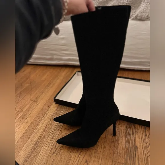 Barney’s Black Suede Knee length stiletto pointed toe black boots