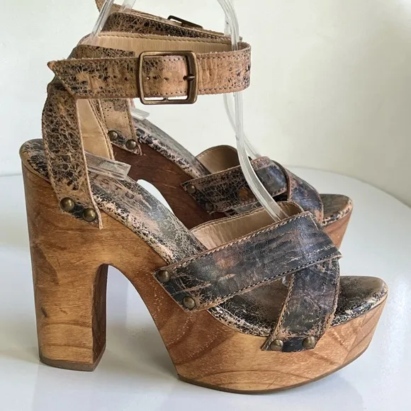 Bed Stu Madeline Platform Womens Sandal in Brown Leather Wooden Heel Size 7 B