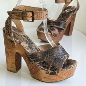 Bed Stu Madeline Platform Womens Sandal in Brown Leather Wooden Heel Size 7 B