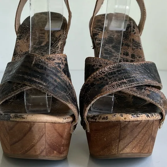 Bed Stu Madeline Platform Womens Sandal in Brown Leather Wooden Heel Size 7 B