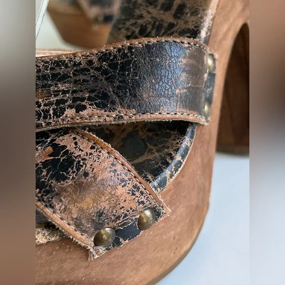 Bed Stu Madeline Platform Womens Sandal in Brown Leather Wooden Heel Size 7 B