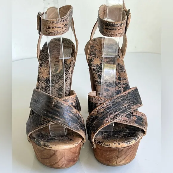 Bed Stu Madeline Platform Womens Sandal in Brown Leather Wooden Heel Size 7 B